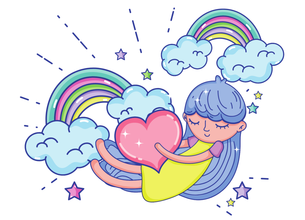 Illustration of a girl holding a heart with rainbows and clouds around her.